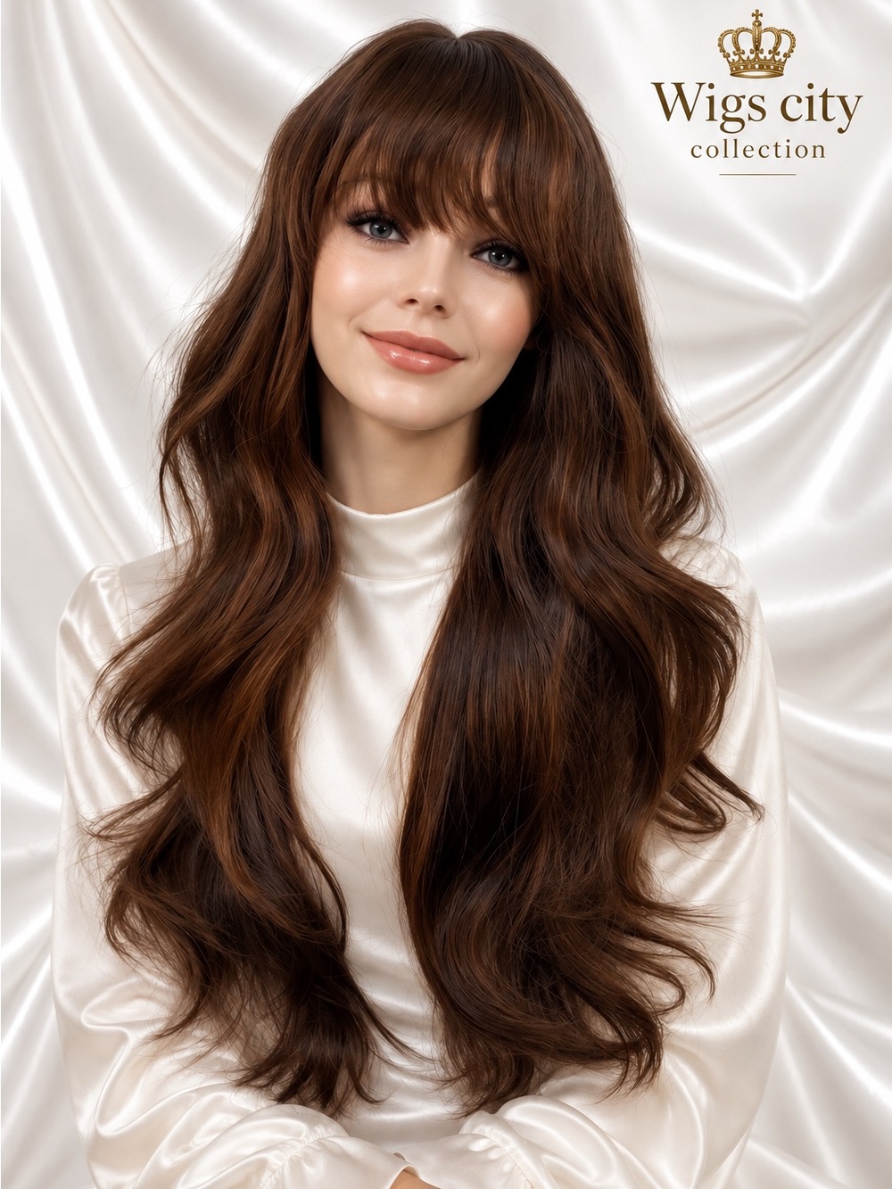 25” Human Hair Blend Wig Natural Medium Brown With Bangs Heat Resistant